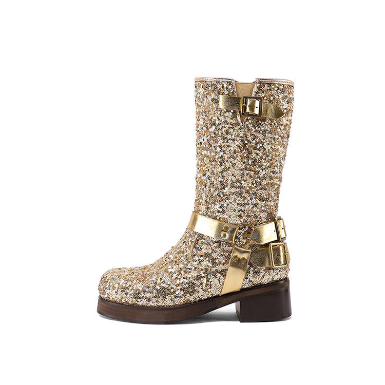 Women’s Mid-Calf Chunky Heel Boots – Round Toe Buckle Strap Fashion Boots