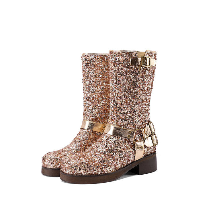 Women’s Mid-Calf Chunky Heel Boots – Round Toe Buckle Strap Fashion Boots