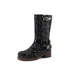 Women’s Mid-Calf Chunky Heel Boots – Round Toe Buckle Strap Fashion Boots