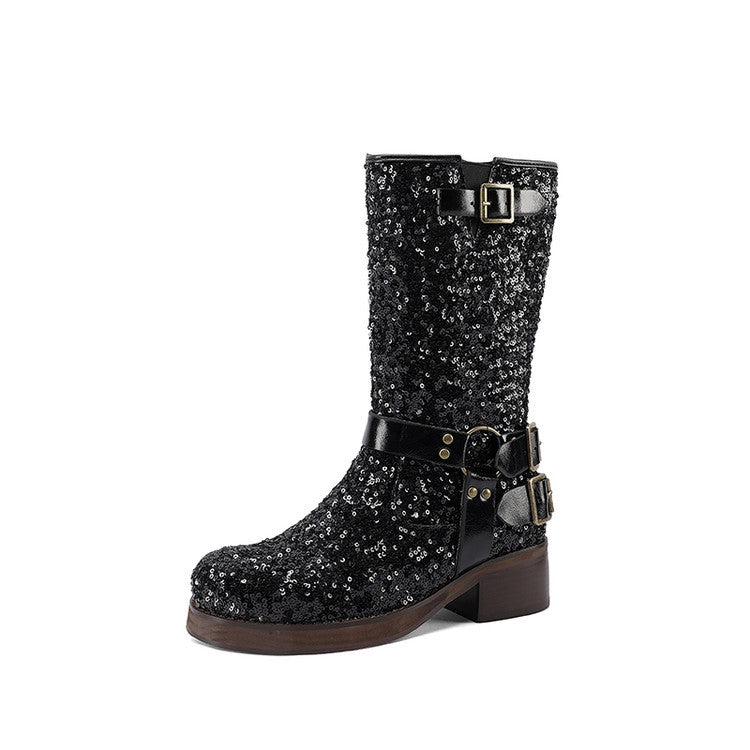 Women’s Mid-Calf Chunky Heel Boots – Round Toe Buckle Strap Fashion Boots