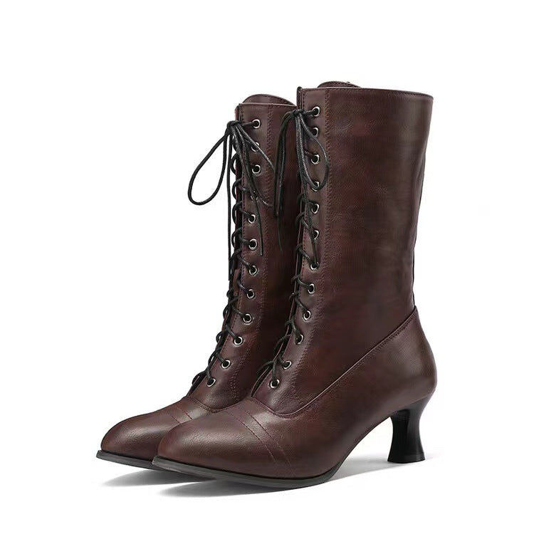 Women’s Mid-Calf Lace-Up Boots – Round Toe Casual Fashion Boots