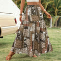 Women’s Patchwork Print Ruffled Hem Skirt – Long Casual Maxi Skirt