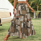 Women’s Patchwork Print Ruffled Hem Skirt – Long Casual Maxi Skirt