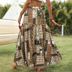 Women’s Patchwork Print Ruffled Hem Skirt – Long Casual Maxi Skirt