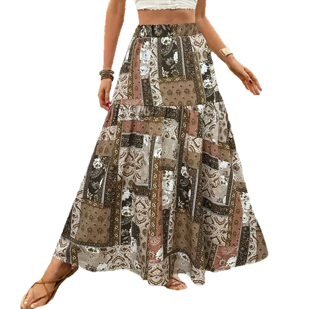 Women’s Patchwork Print Ruffled Hem Skirt – Long Casual Maxi Skirt