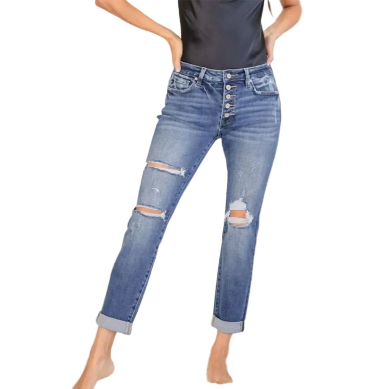 Women’s Straight-Leg Ripped Denim Jeans – Cropped Cuffed Casual Pants
