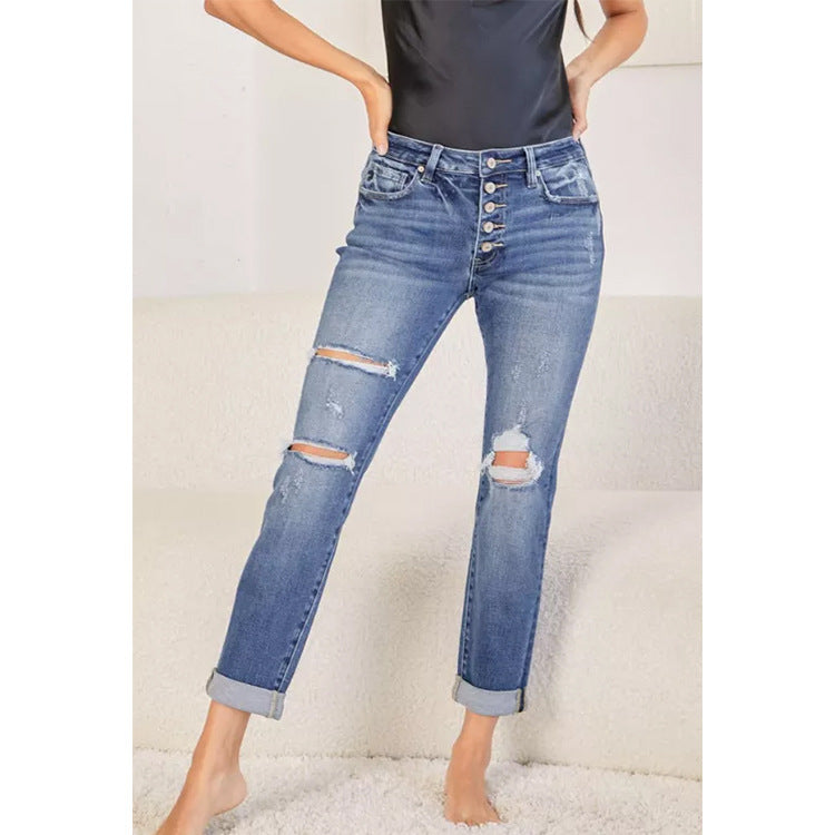 Women’s Straight-Leg Ripped Denim Jeans – Cropped Cuffed Casual Pants