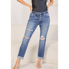 Women’s Straight-Leg Ripped Denim Jeans – Cropped Cuffed Casual Pants