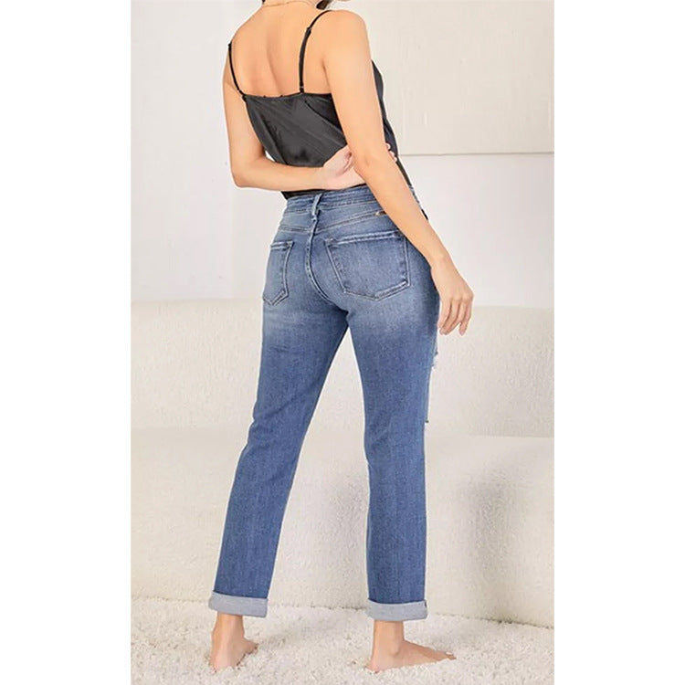 Women’s Straight-Leg Ripped Denim Jeans – Cropped Cuffed Casual Pants