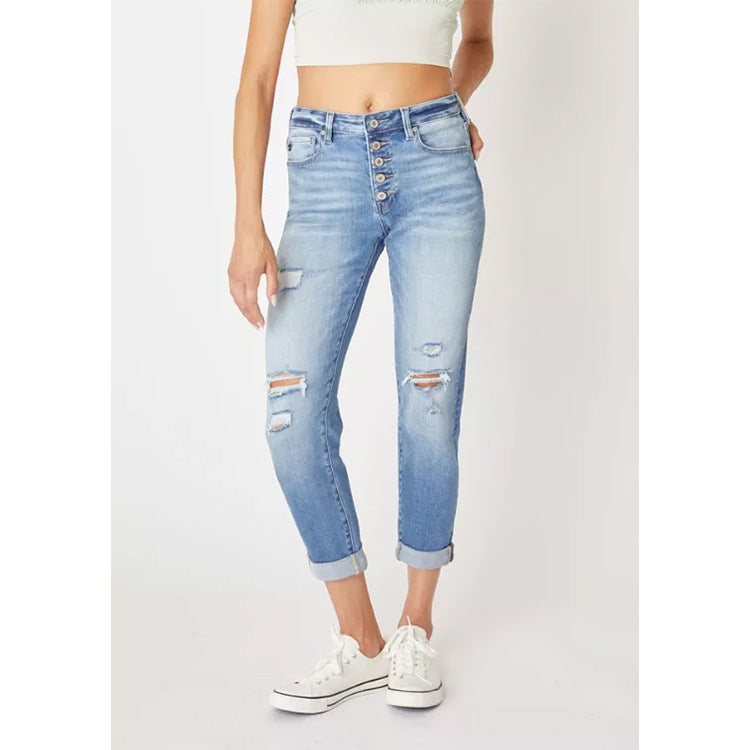 Women’s Straight-Leg Ripped Denim Jeans – Cropped Cuffed Casual Pants