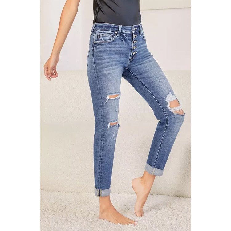 Women’s Straight-Leg Ripped Denim Jeans – Cropped Cuffed Casual Pants