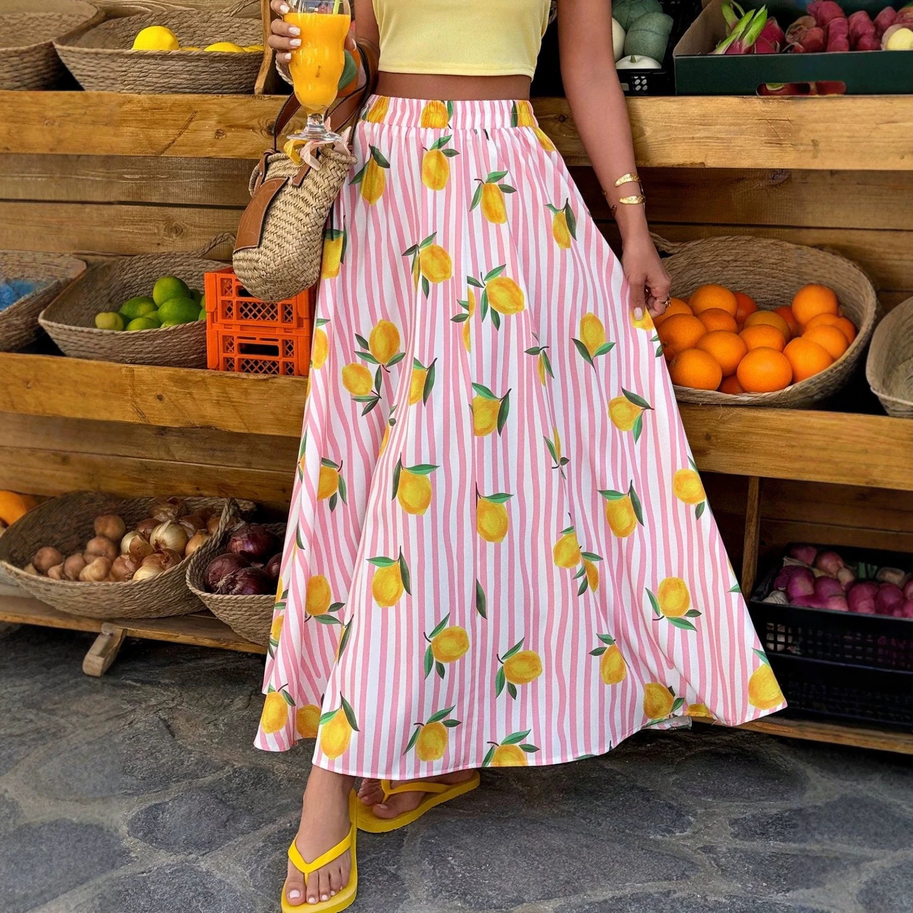 Women’s Striped Fruit Print A-Line Dress – Casual Long Sleeve Maxi Dress
