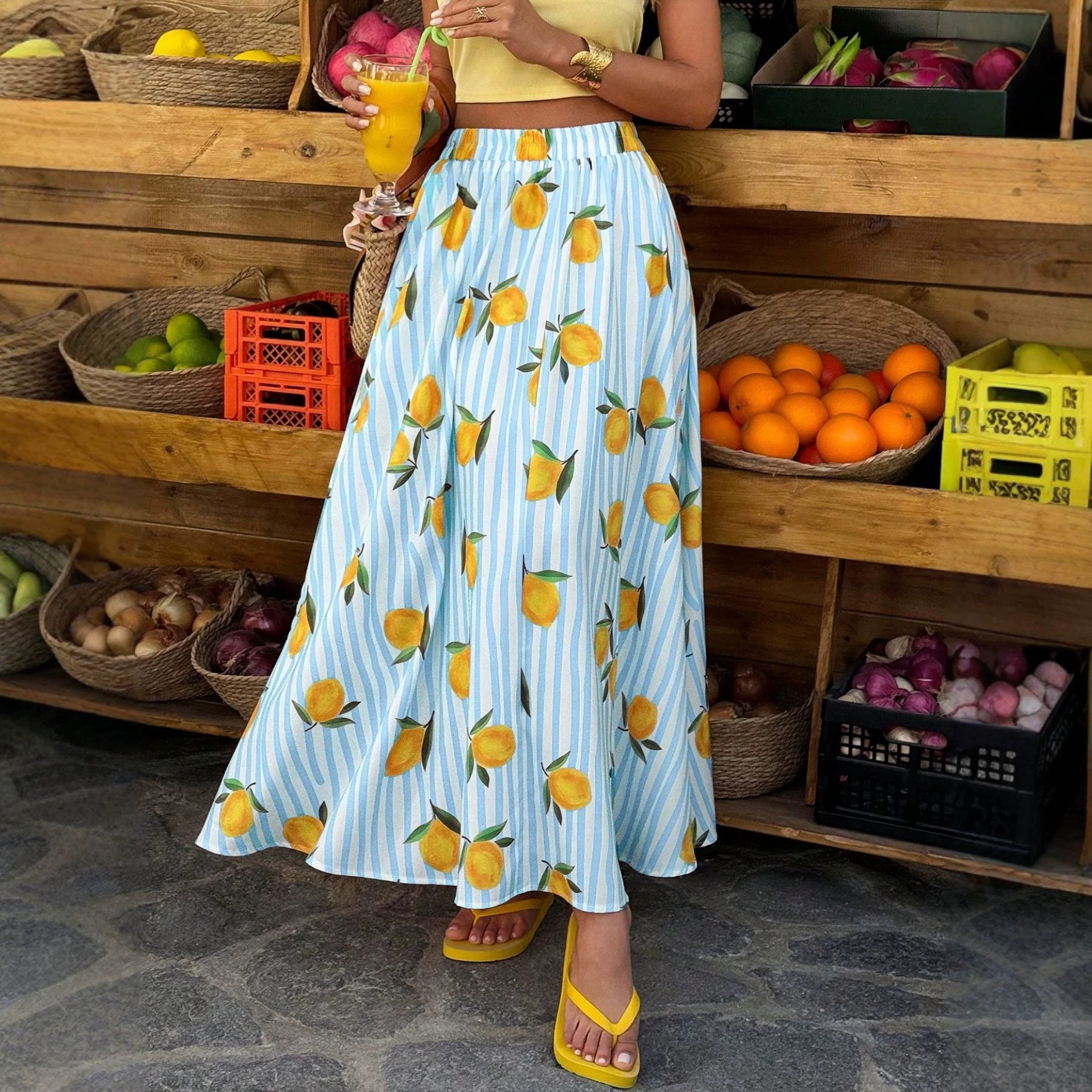 Women’s Striped Fruit Print A-Line Dress – Casual Long Sleeve Maxi Dress
