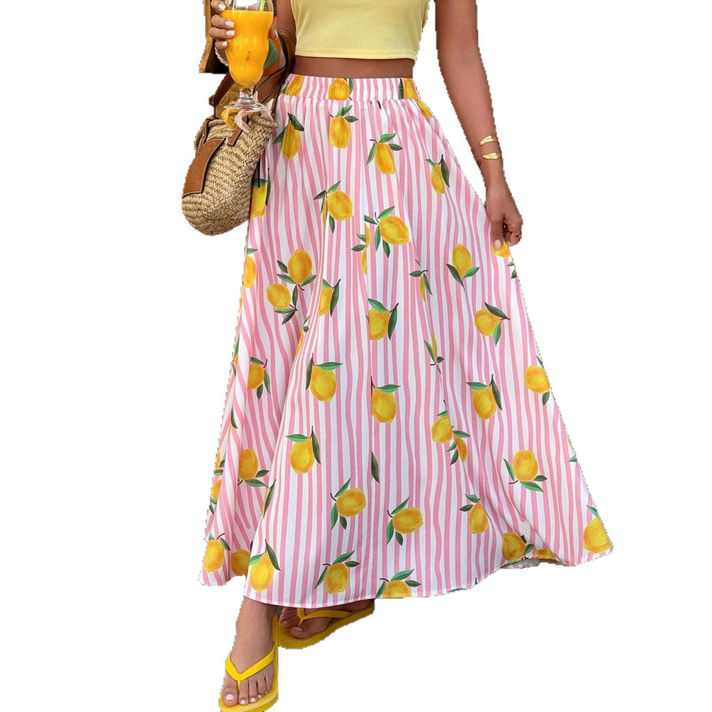 Women’s Striped Fruit Print A-Line Dress – Casual Long Sleeve Maxi Dress