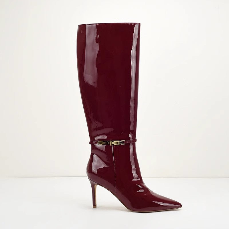 Women’s Thigh-High Patent Boots – Pointed Toe Buckle Strap Zip Fashion Boots