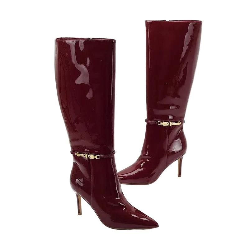 Women’s Thigh-High Patent Boots – Pointed Toe Buckle Strap Zip Fashion Boots