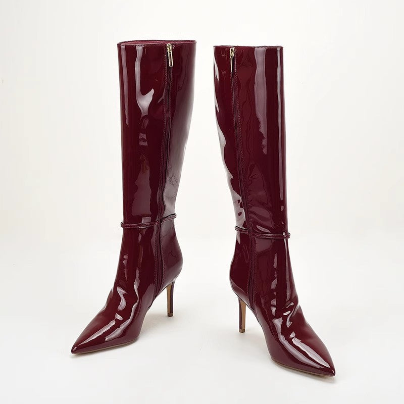 Women’s Thigh-High Patent Boots – Pointed Toe Buckle Strap Zip Fashion Boots