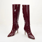 Women’s Thigh-High Patent Boots – Pointed Toe Buckle Strap Zip Fashion Boots