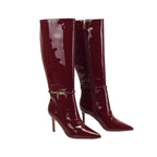 Women’s Thigh-High Patent Boots – Pointed Toe Buckle Strap Zip Fashion Boots