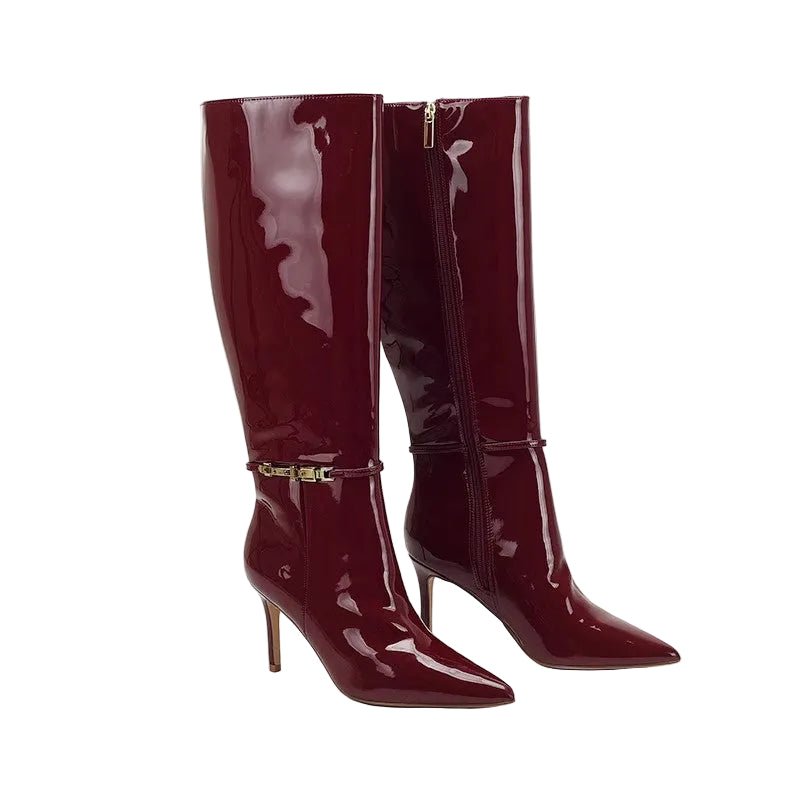 Women’s Thigh-High Patent Boots – Pointed Toe Buckle Strap Zip Fashion Boots